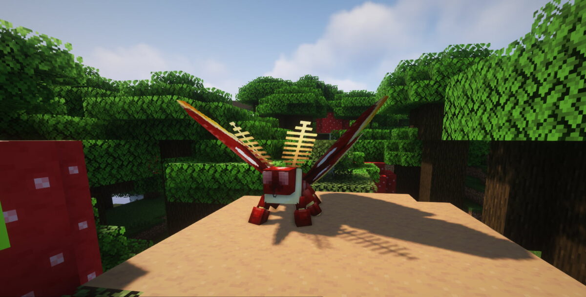 Giant Moth dans le mod Mythic Mounts pour Minecraft, papillon géant pacifique des forêts obscures.