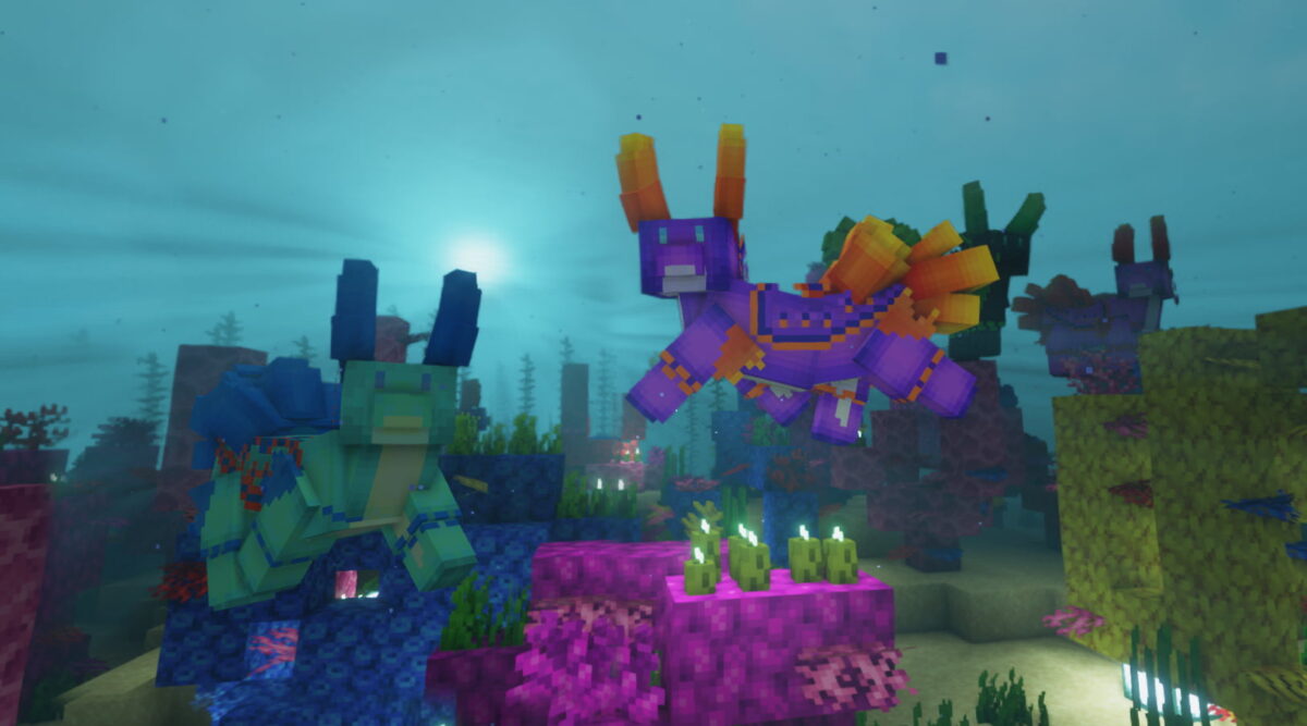 Giant Nudibranch dans le mod Mythic Mounts pour Minecraft, créature marine pacifique vivant près des récifs coralliens.