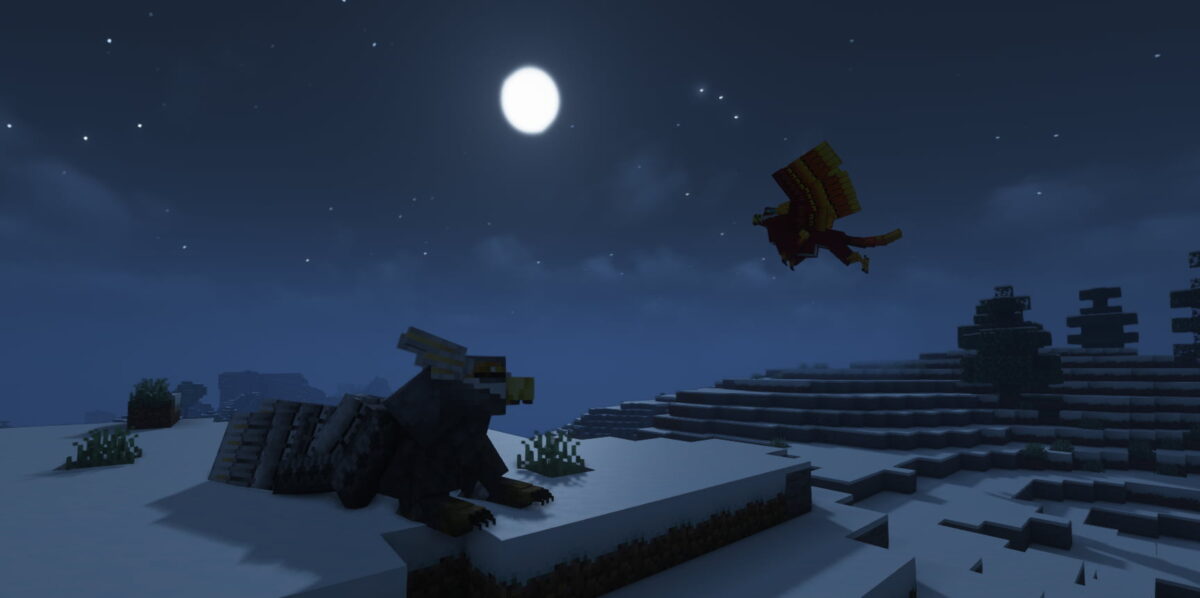 Griffon dans le mod Mythic Mounts pour Minecraft, créature carnivore des montagnes enneigées et rocheuses.
