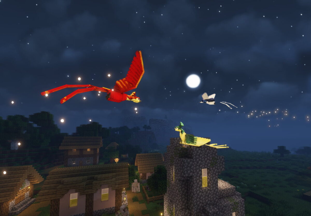 Żar-ptak volant au-dessus d’un village dans le mod Mythic Mounts pour Minecraft
