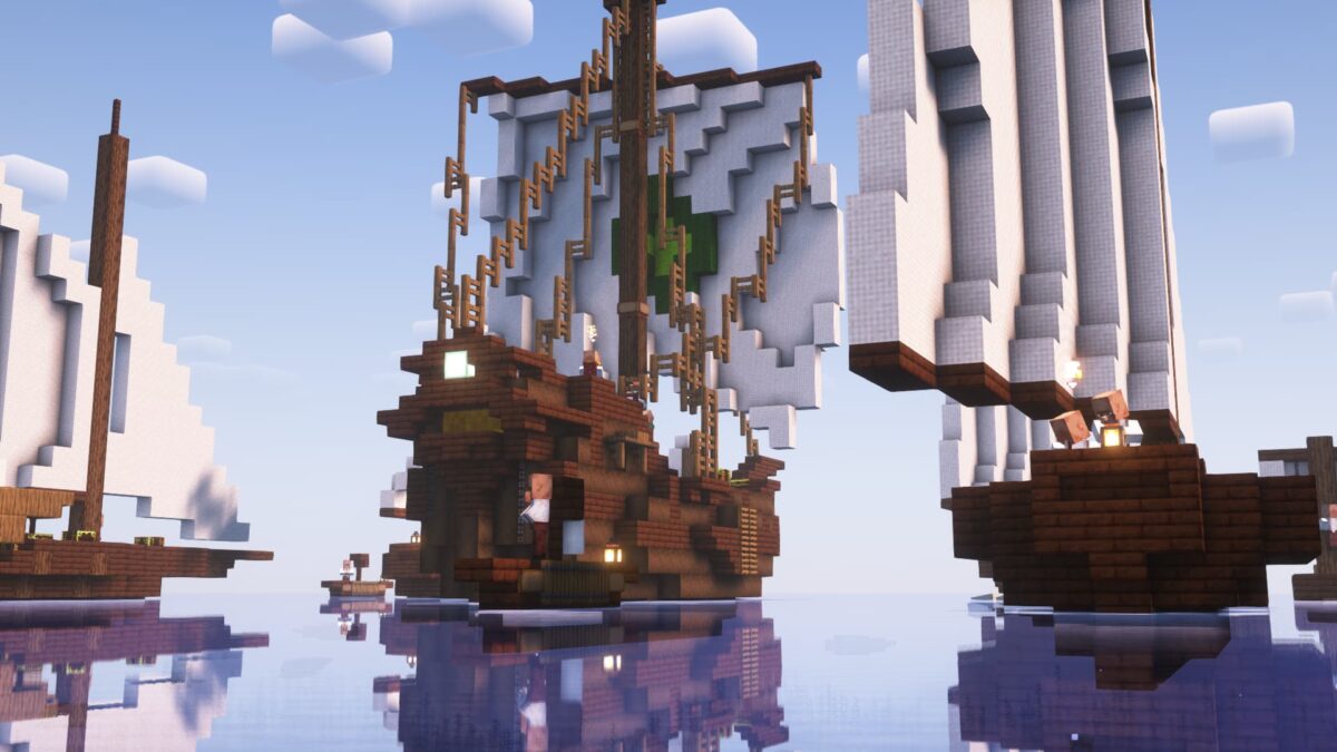 Navires de villageois dans le modpack Minecraft Fantasy MC Fabric, voguant sur l’océan avec des voiles en laine