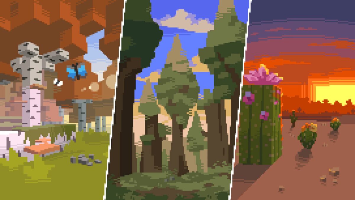 Biomes retravaillés par RealismCraft dans Minecraft Bedrock, incluant forêts, cavernes et déserts colorés.