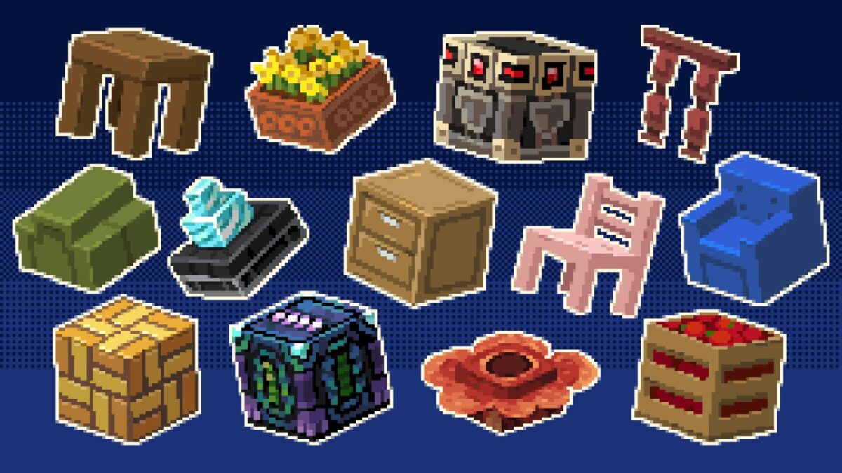 Blocs et meubles réalistes de RealismCraft dans Minecraft Bedrock, comme tables, chaises, armoires et décorations.