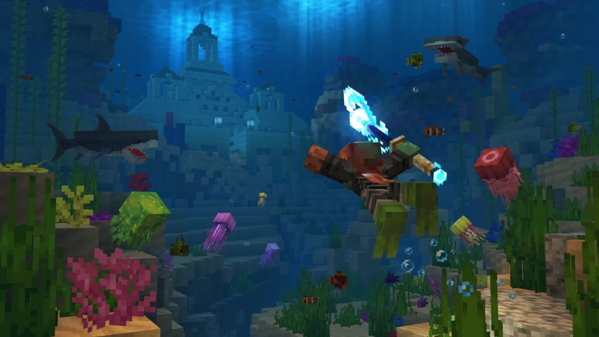 Exploration sous-marine dans RealismCraft avec requins, méduses, coraux et ruines englouties.