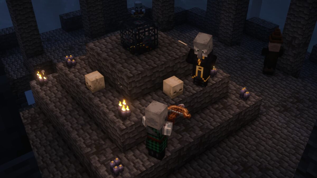 Rituel de pillards dans le modpack Minecraft Fantasy MC Fabric, avec un autel sombre entouré de bougies et de crânes