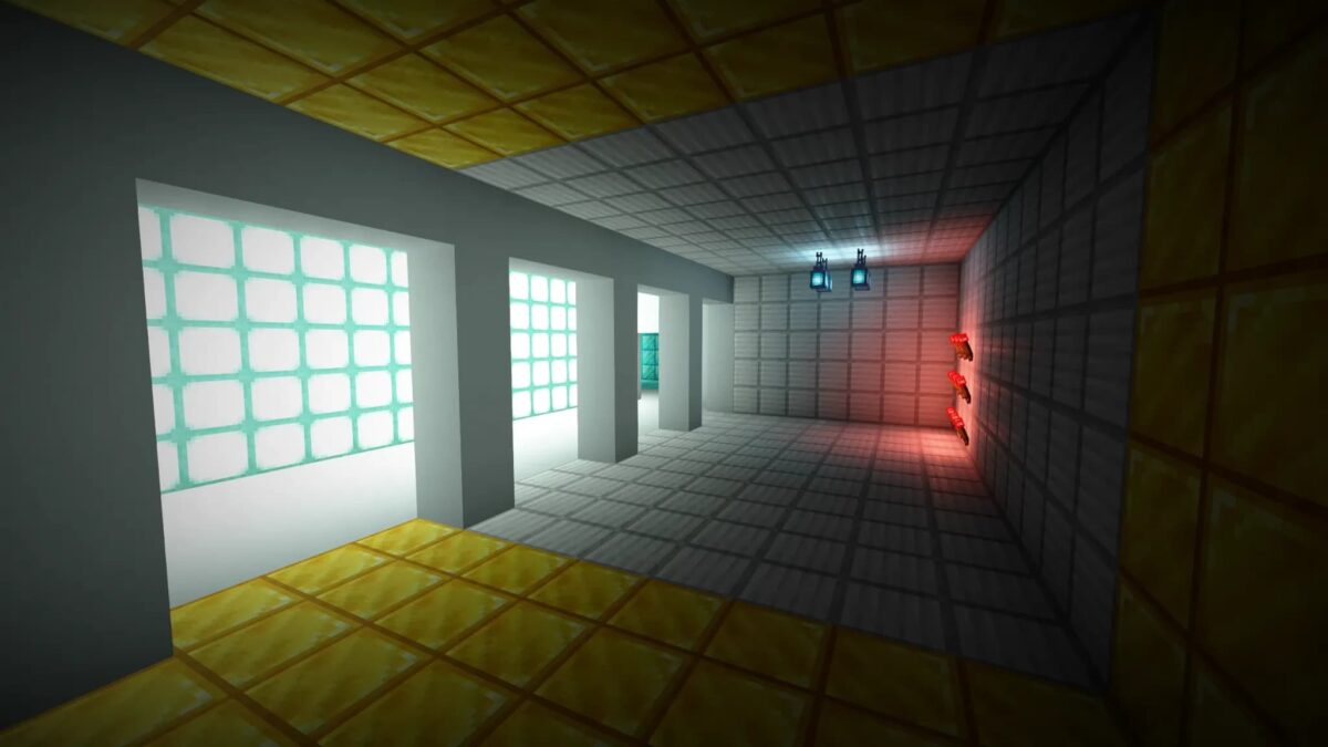 Salle de Minecraft éclairée par des blocs lumineux, lanternes et torches de redstone.
