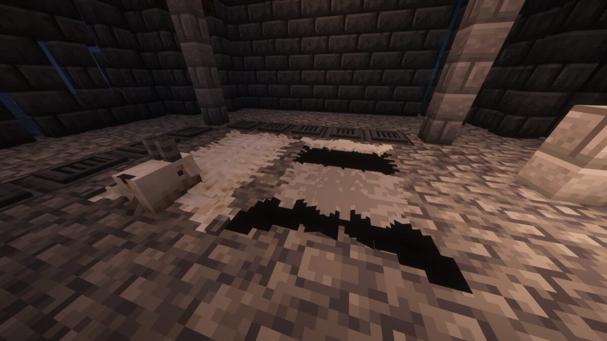 mod Minecraft Butchery – tapis en peau d’animaux disposés sur le sol d’une pièce en pierre