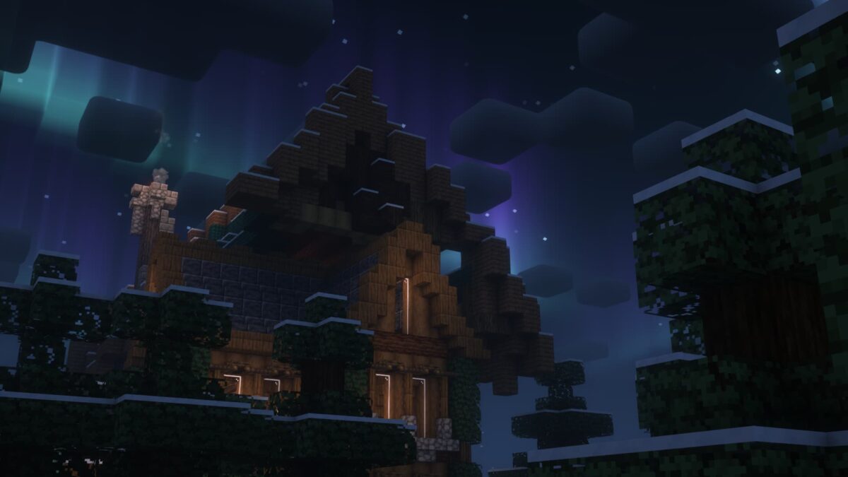 Temple en bois et pierre dans le modpack Minecraft Fantasy MC Fabric, éclairé par les aurores boréales