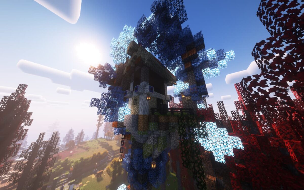 Tour de mage dans le modpack Minecraft Fantasy MC Fabric, entourée d’arbres aux feuilles lumineuses