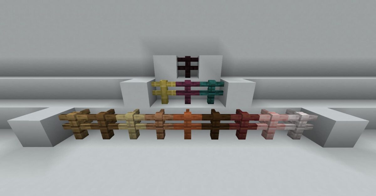 Ensemble de toutes les variantes de barrières dans Minecraft, incluant bois, matériaux colorés et briques du Nether.
