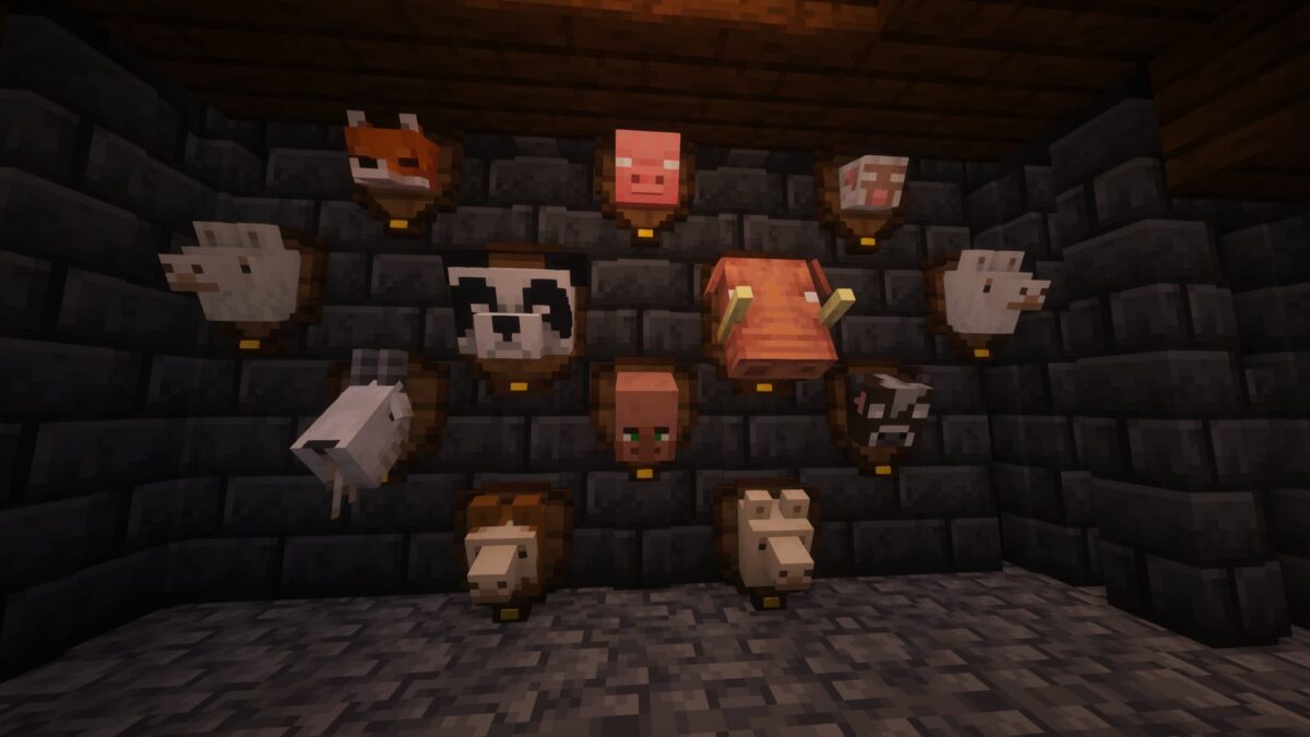 mod Minecraft Butchery – têtes d’animaux et de villageois exposées en trophées muraux