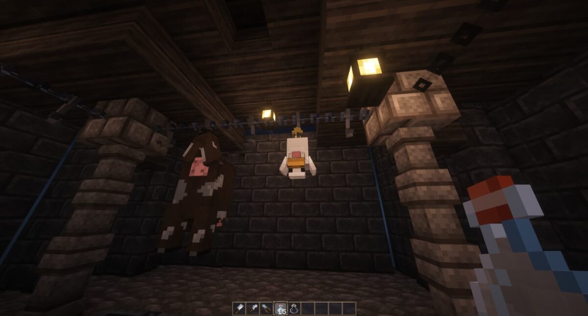 mod Minecraft Butchery – vache et poulet suspendus avant transformation par l’acide sulfurique