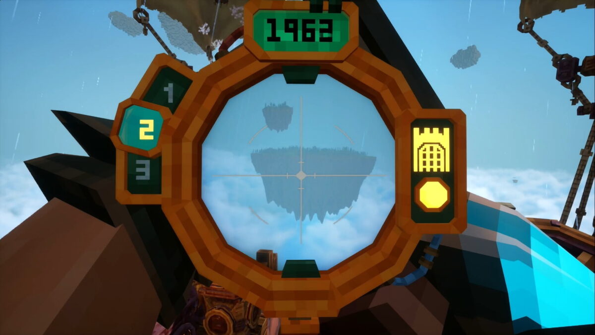 Vue à travers un viseur mécanique d’Everwind pointant vers des îles flottantes dans le ciel.