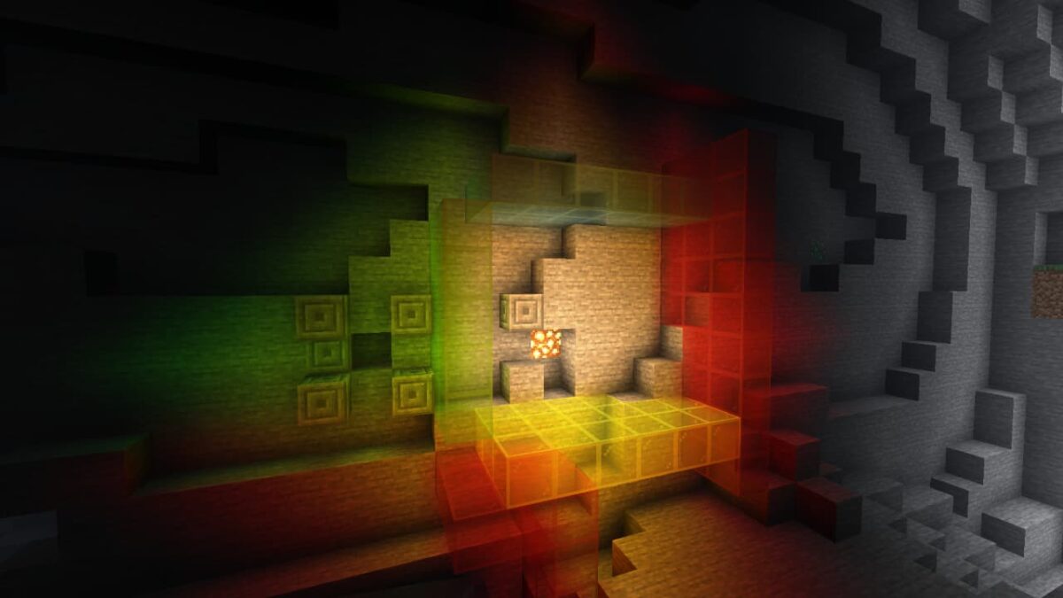 Lumière colorée traversant des vitres teintées dans Minecraft grâce au shader Just Colored Lighting.