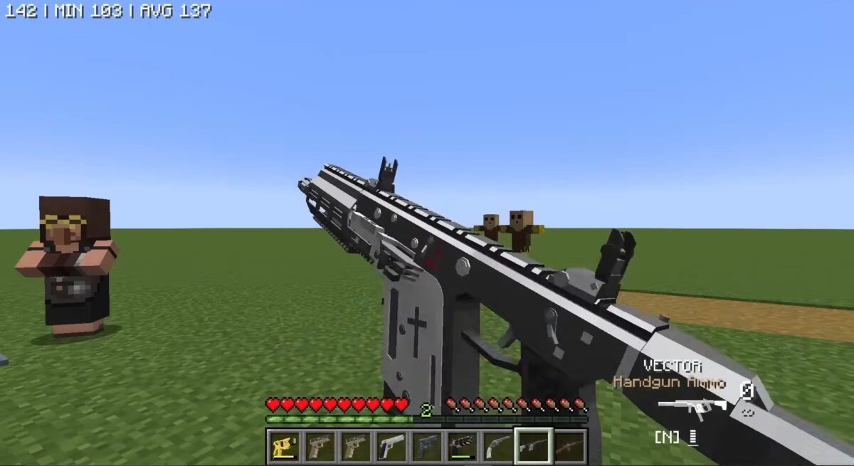 arme Vector en action dans le mod Minecraft Superb Warfare, affichée avec ses détails graphiques et HUD.
