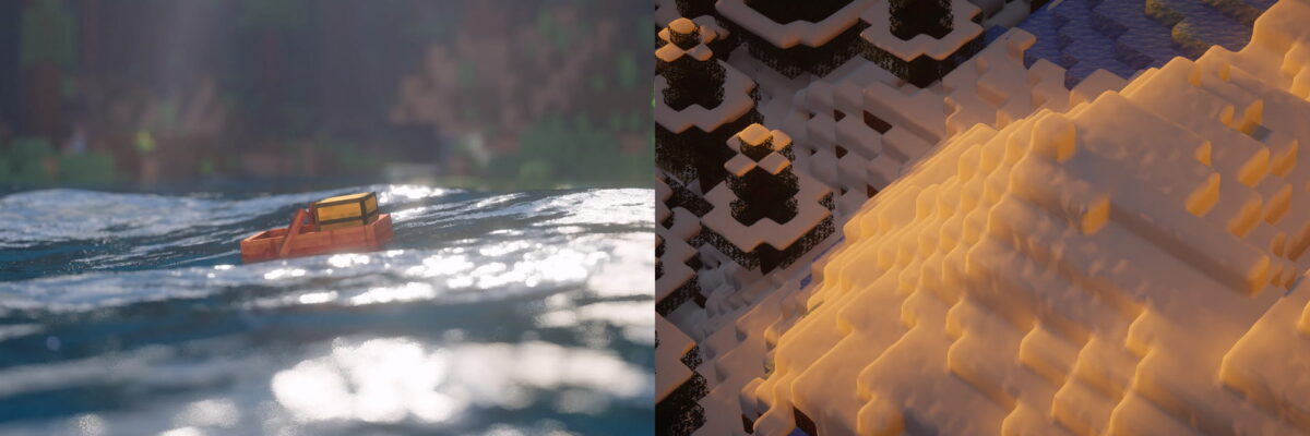 Bateau en bois flottant sur une mer scintillante et paysage enneigé dans Minecraft avec le shader IterationT 3.2.0, compatible avec Physics Mod Pro.