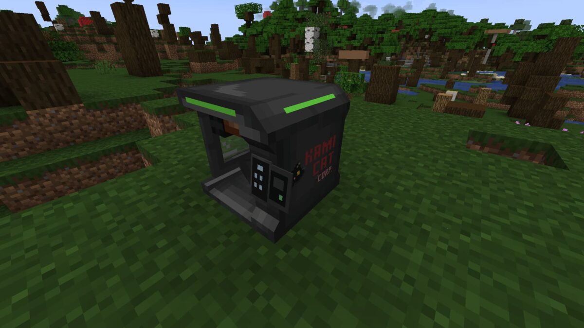 mod Minecraft Vic's Point Blank – bloc Weapons Printer placé dans un biome forestier