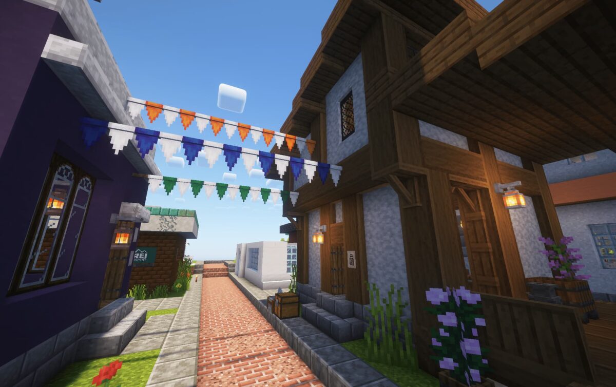 modpack Minecraft Society: Sunlit Valley avec des boutiques colorées et des maisons décorées dans un village animé
