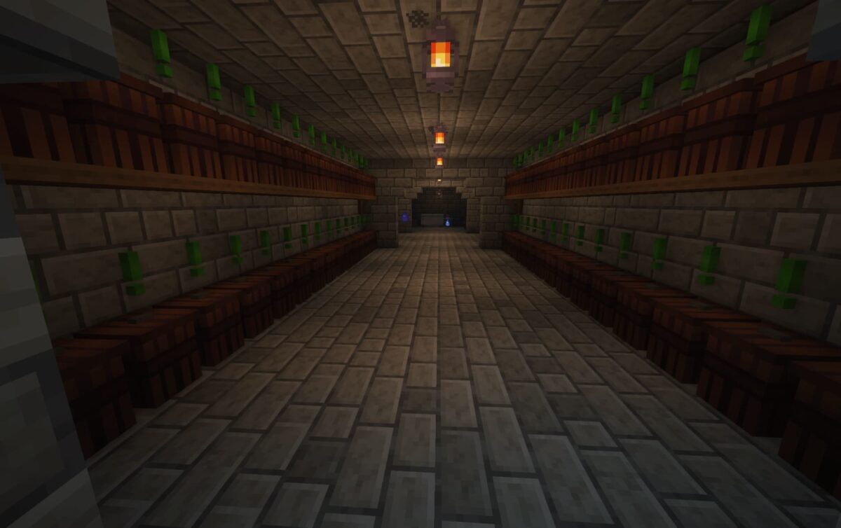modpack Minecraft Society: Sunlit Valley montrant une cave remplie de jarres et de fûts pour transformer les produits agricoles