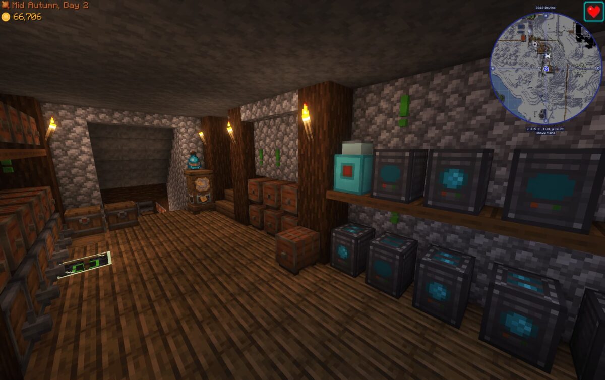 modpack Minecraft Society: Sunlit Valley avec cristallariums et fûts pour répliquer des gemmes et vieillir des vins