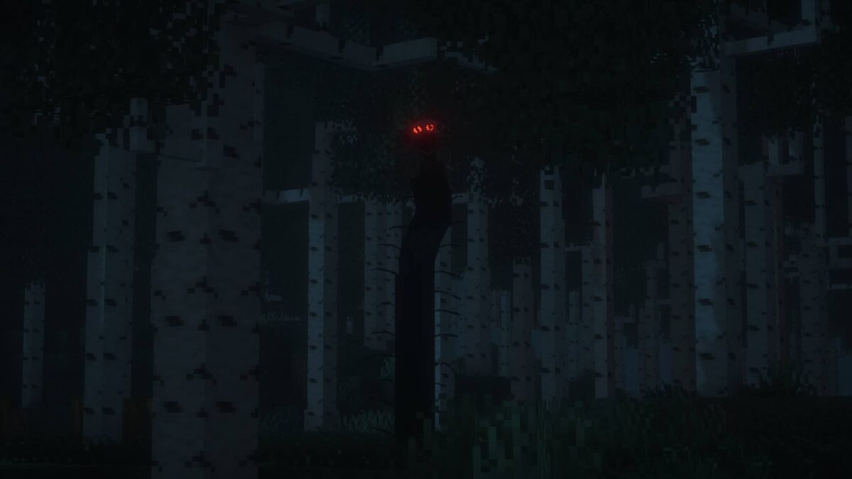 mod Minecraft The Boiled One Reimagined entité sombre observant à travers une forêt de bouleaux