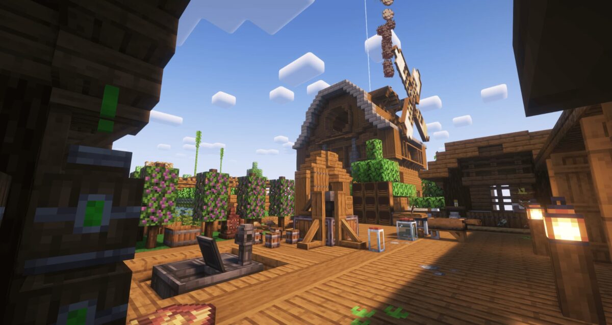 ferme dans le modpack Minecraft Society: Sunlit Valley avec moulin, cultures et équipements agricoles