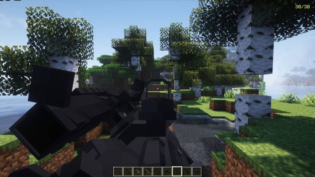 mod Minecraft Vic's Point Blank – fusil équipé d’une canted sight en visée dans une forêt