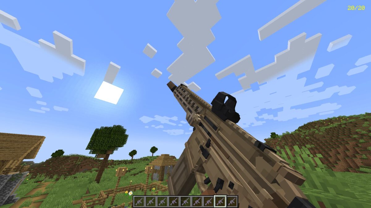 mod Minecraft Vic's Point Blank – XM7 levé vers le ciel près d’un village