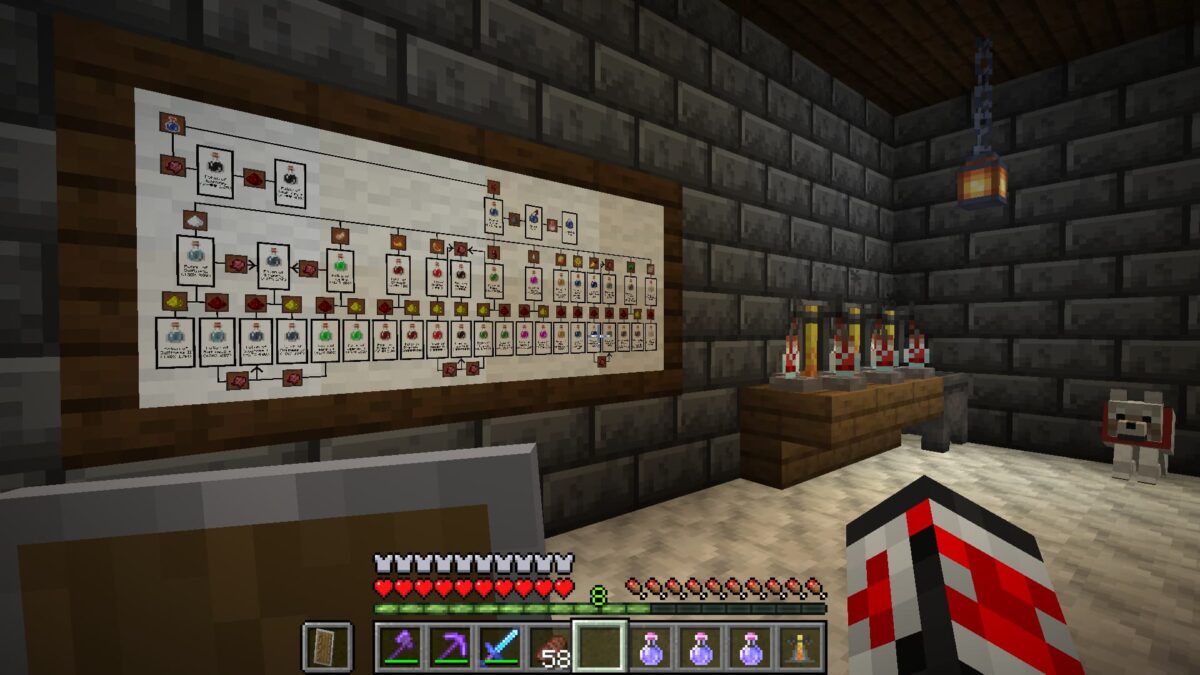 pack de texture Minecraft BrewingCanvas transformant un grand tableau 4x2 en guide complet des potions près d’un poste d’alchimie