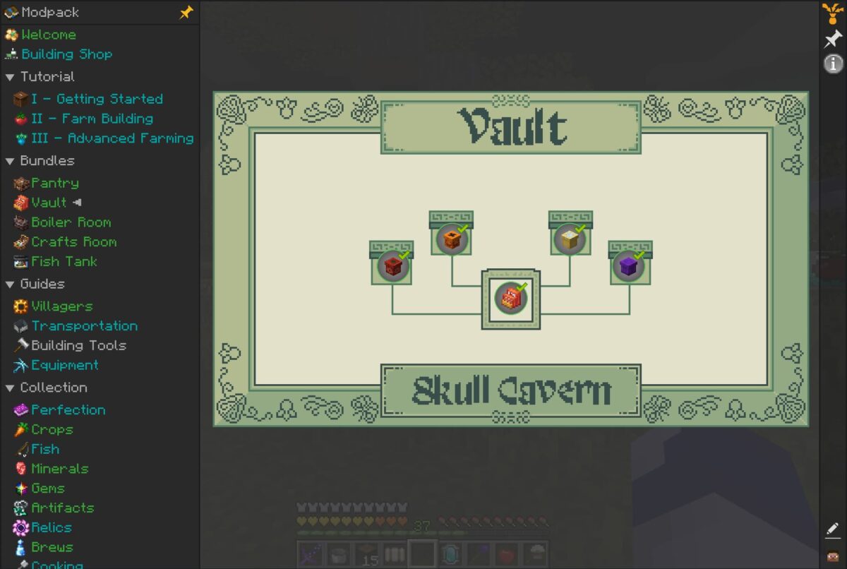 interface de quêtes du modpack Minecraft Society: Sunlit Valley montrant les bundles à compléter dans la Skull Cavern