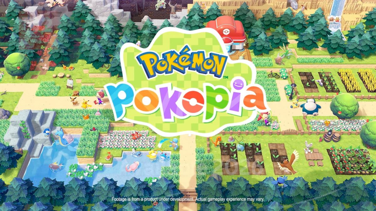 Logo officiel de Pokémon Pokopia affiché sur un décor coloré avec des champs, des forêts et des Pokémon en pleine activité.