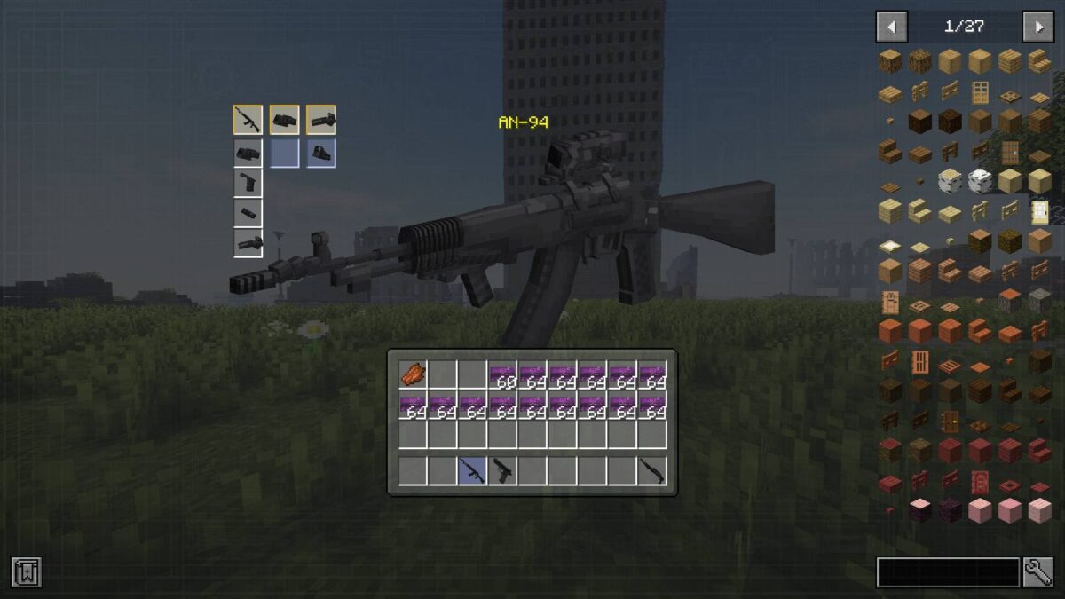 mod Minecraft Vic's Point Blank – menu d’attachements montrant la personnalisation d’une arme AN-94