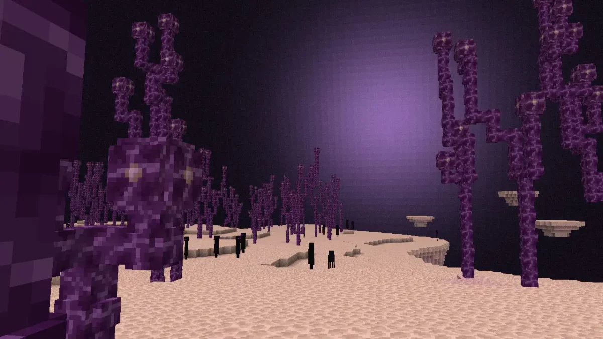 Un éclair lumineux pourpre visible dans le ciel de l’End dans Minecraft 1.21.9