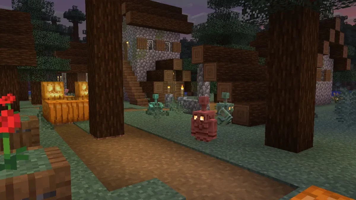 Des golems de cuivre et une statue de golem de cuivre dans un village de la taïga dans Minecraft 1.21.9