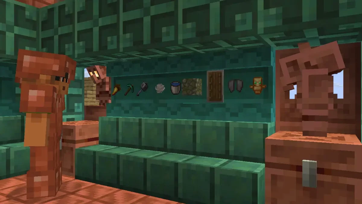 Sunny en armure de cuivre devant des étagères alimentées par la redstone dans Minecraft 1.21.9