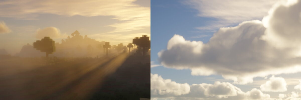Paysage Minecraft avec brouillard lumineux et nuages volumétriques détaillés grâce au shader IterationT 3.2.0.