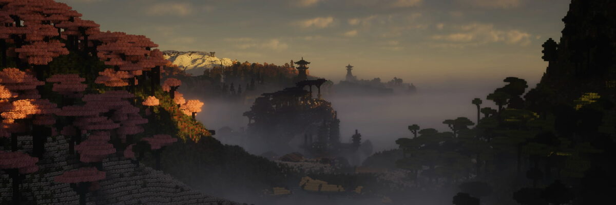 Paysage Minecraft avec brume volumétrique et forêts colorées rendu par le shader IterationT 3.2.0, compatible avec Distant Horizons.