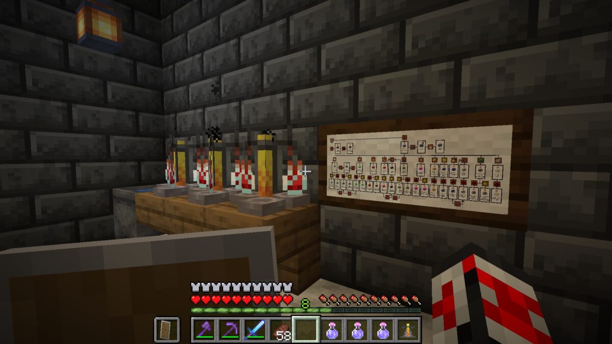 pack de texture Minecraft BrewingCanvas affichant un petit tableau 2x1 avec le guide des potions dans une salle en pierre