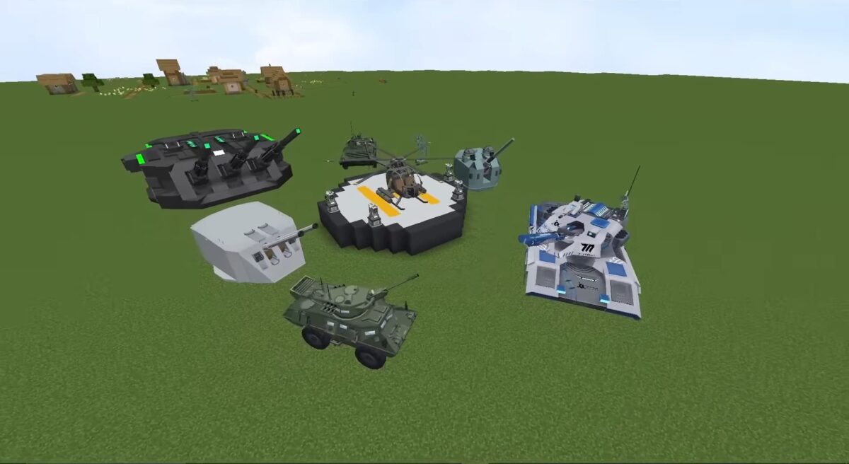 véhicules militaires du mod Minecraft Superb Warfare, incluant chars, hélicoptère et artillerie lourde.