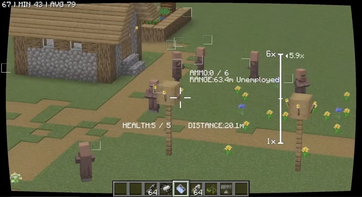 vue à travers le drone dans le mod Minecraft Superb Warfare, affichant les villageois avec informations de distance et santé.