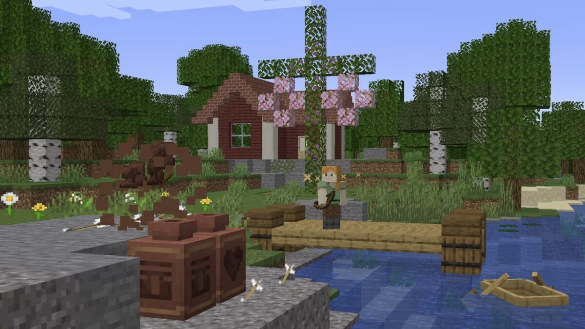 Alex brisant une poterie décorée avec une flèche dans Minecraft