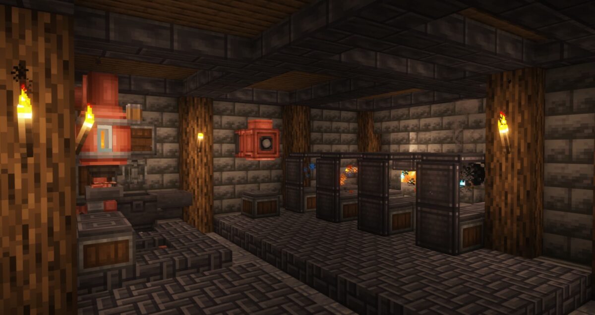 Atelier mécanique avec machines et engrenages en cuivre dans le modpack Minecraft All Of Create.