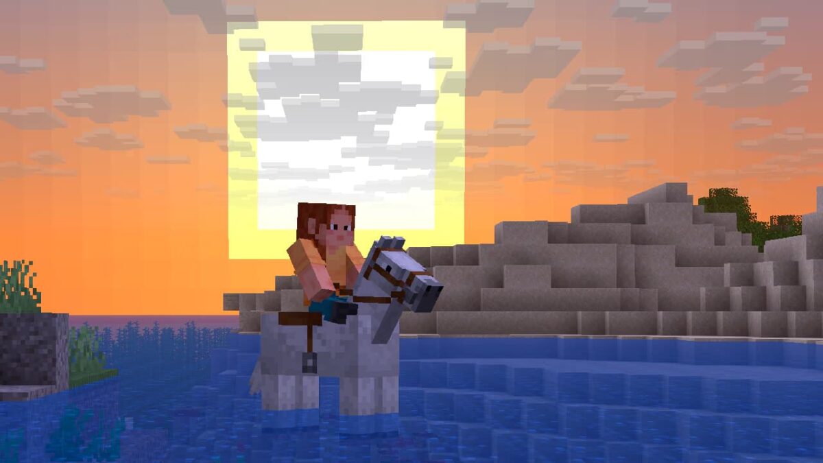 Personnage de Minecraft chevauchant un cheval nageant au coucher du soleil, nouvelle fonctionnalité des montures capables de traverser l’eau.