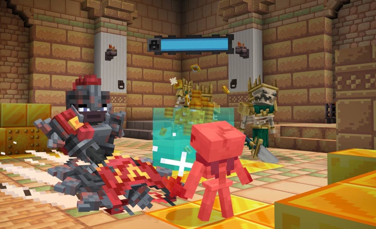 Bataille intense entre aventuriers et morts-vivants dans une salle dorée du mod Minecraft SoulSteel.