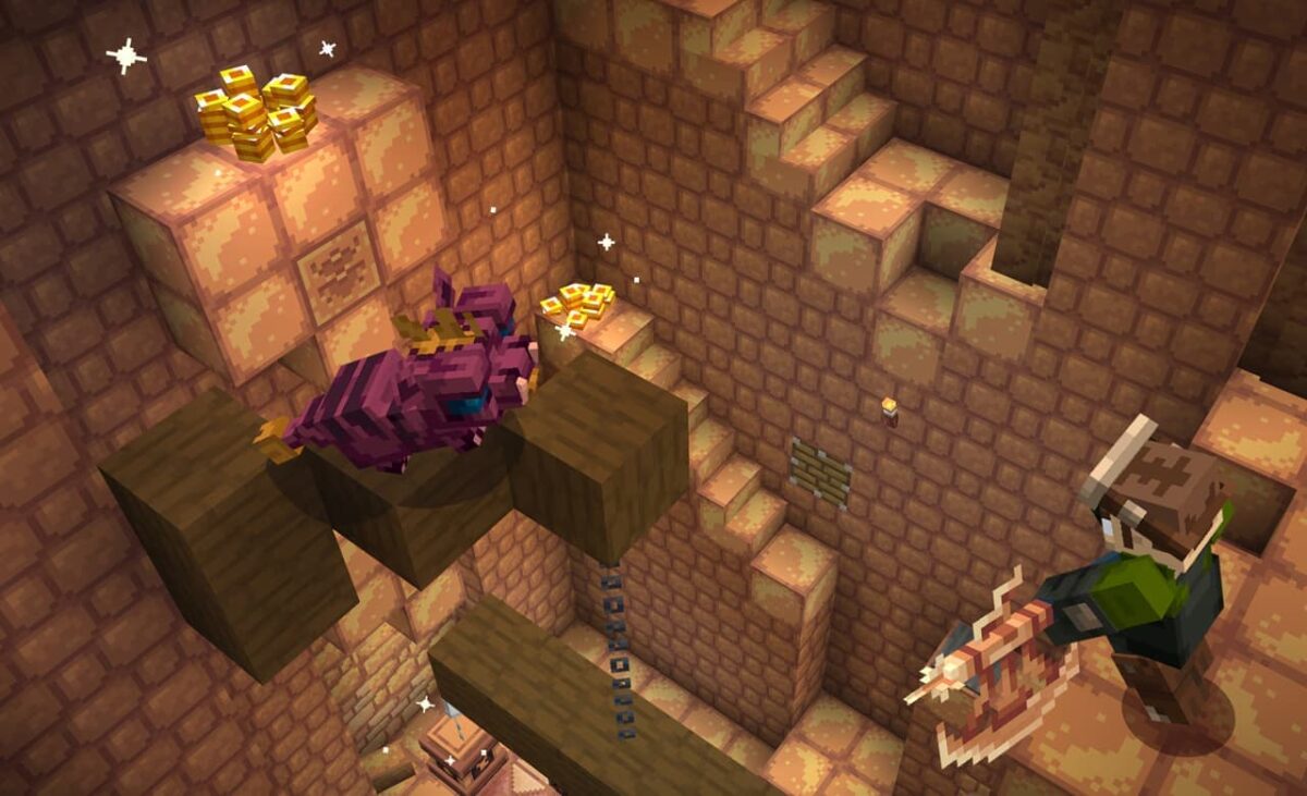 Combattant affrontant une créature violette dans un donjon rempli de trésors sur le serveur Minecraft SoulSteel.