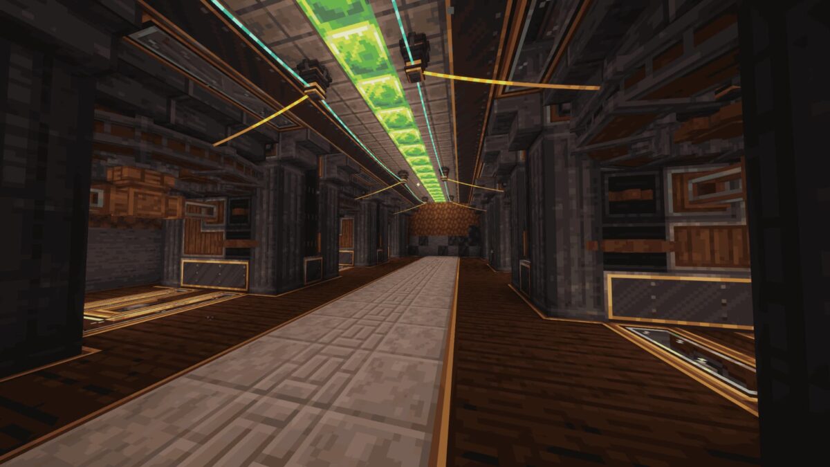 Couloir technologique illuminé par un conduit vert fluorescent dans le modpack Minecraft All Of Create.