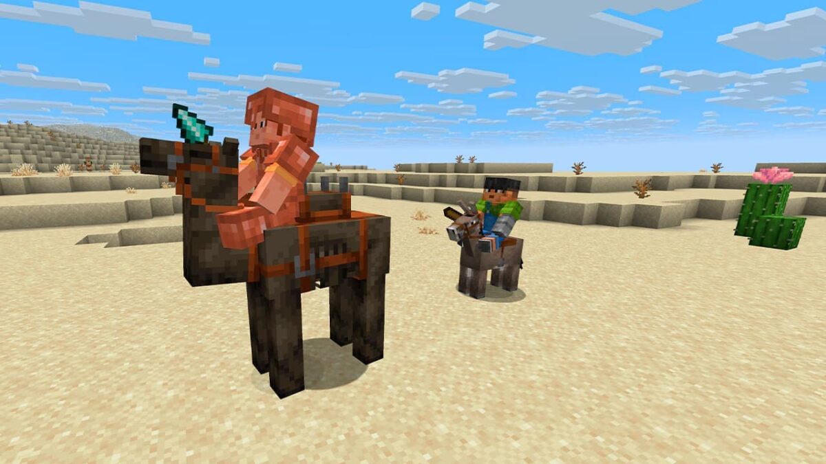 Personnage de Minecraft chevauchant un dromadaire momifié après un combat contre un Husk, dans le désert de la mise à jour Mounts of Mayhem.