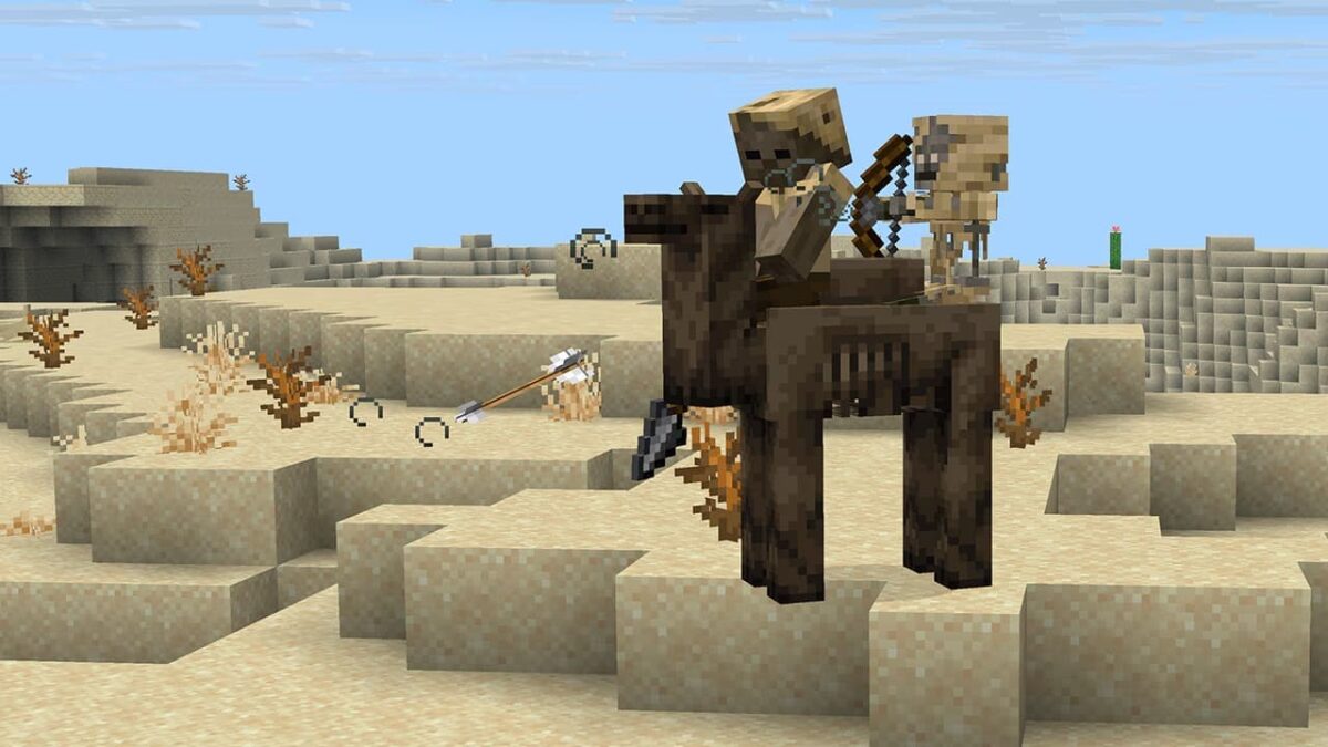 Dromadaire momifié dans Minecraft transportant un Husk et un squelette Parched armés, nouvelle menace des déserts de la mise à jour Mounts of Mayhem.