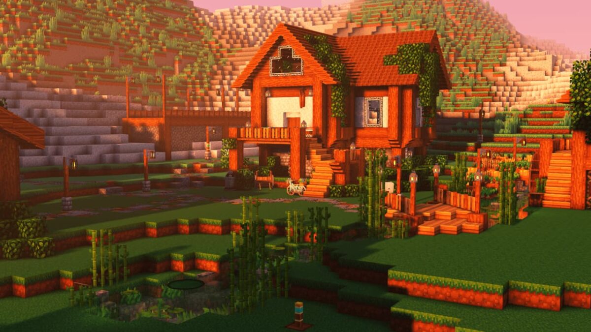 ferme vallonnée dans le modpack Minecraft BigChadGuys Plus avec maison en bois, jardin et étang