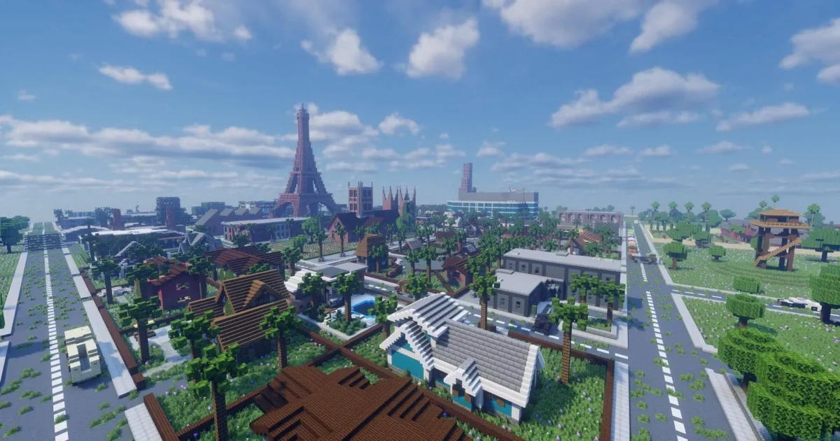 ville de Paris recréée dans la carte The Zombie Apocalypse X pour Minecraft avec la tour Eiffel et des bâtiments en ruine